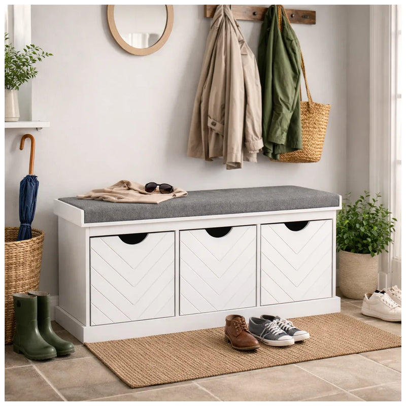 HOMCOM 3-Drawer Padded Shoe Bench with Breathable & Washable Linen-look Cover, White