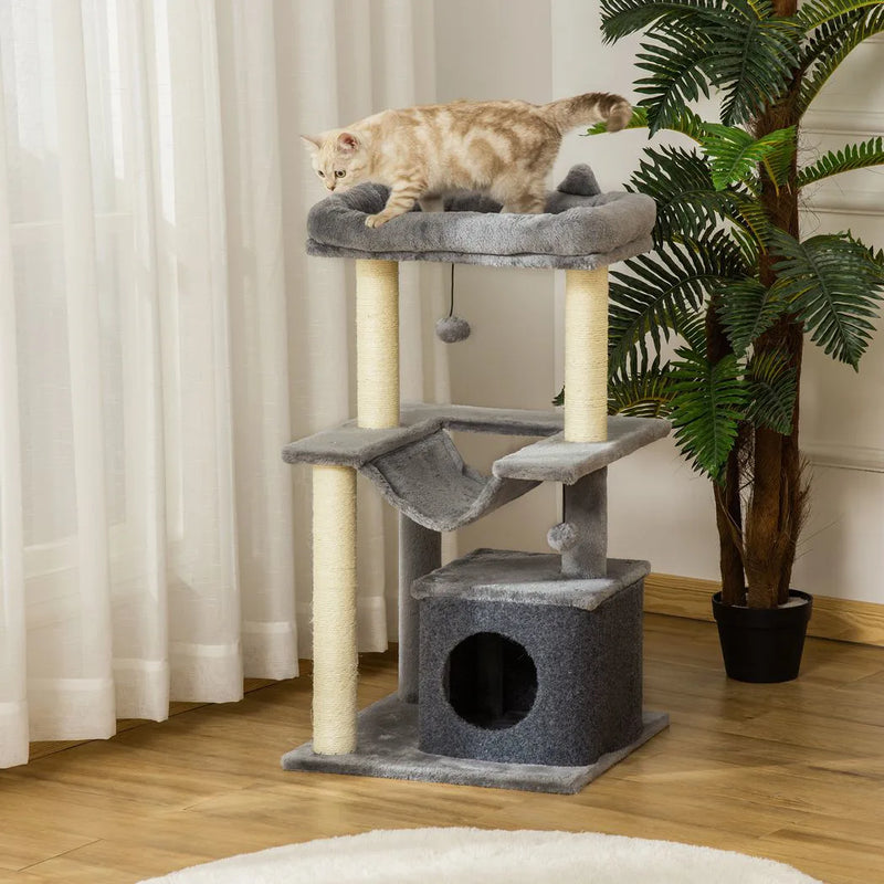 PawHut Cat Tree, 90cm Cat Tower with Sisal Scratching Posts, Cat Condo, Hammock, Top Perch and 2 Hanging Toys for Cats, Grey