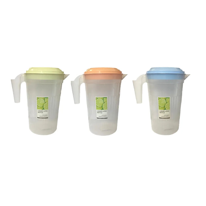 Transparent Plastic Water Juice Pitcher Jug With Cups 2400Ml Assorted Colours