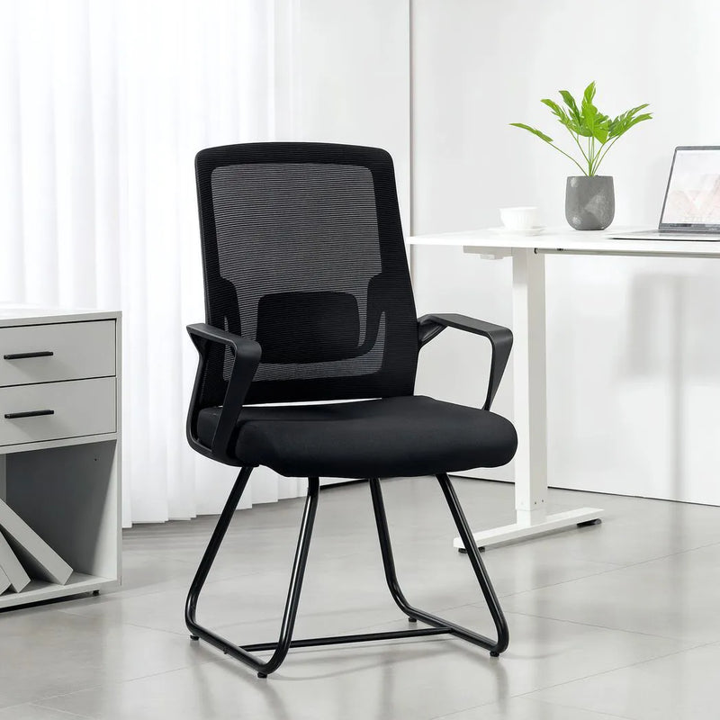 HOMCOM Desk Chair No Wheels, Office Chair with Mesh Back, Lumbar Support, Metal Base for Waiting Room, Conference Room, Black