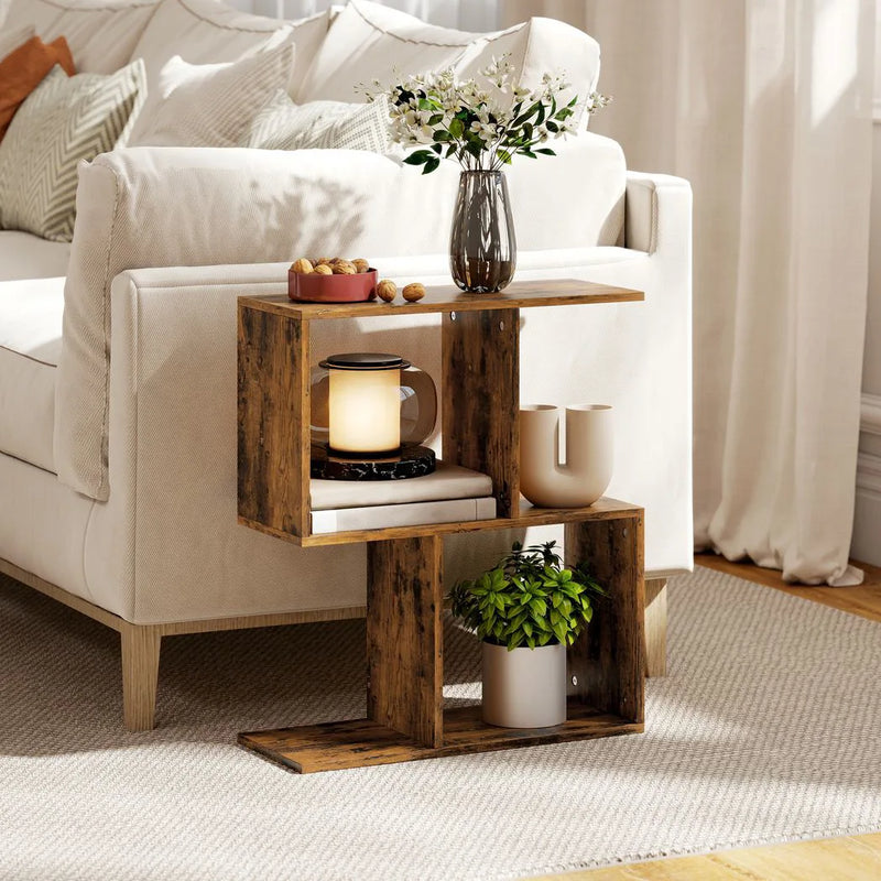 HOMCOM Side Table, Narrow End Table with Storage Shelves, S-Shaped, 3-Tier, 50W x 19.5D x 58H cm, Rustic Brown