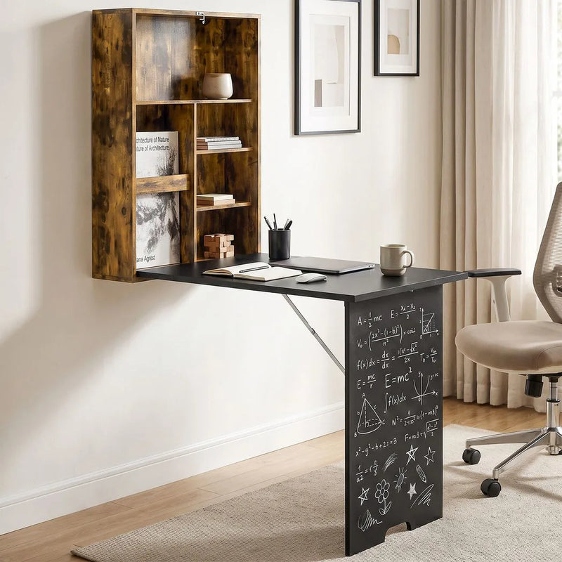 HOMCOM Folding Wall-Mounted Drop-Leaf Table, Convertible Wall Table With Chalkboard and Storage Shelf, Rustic Brown