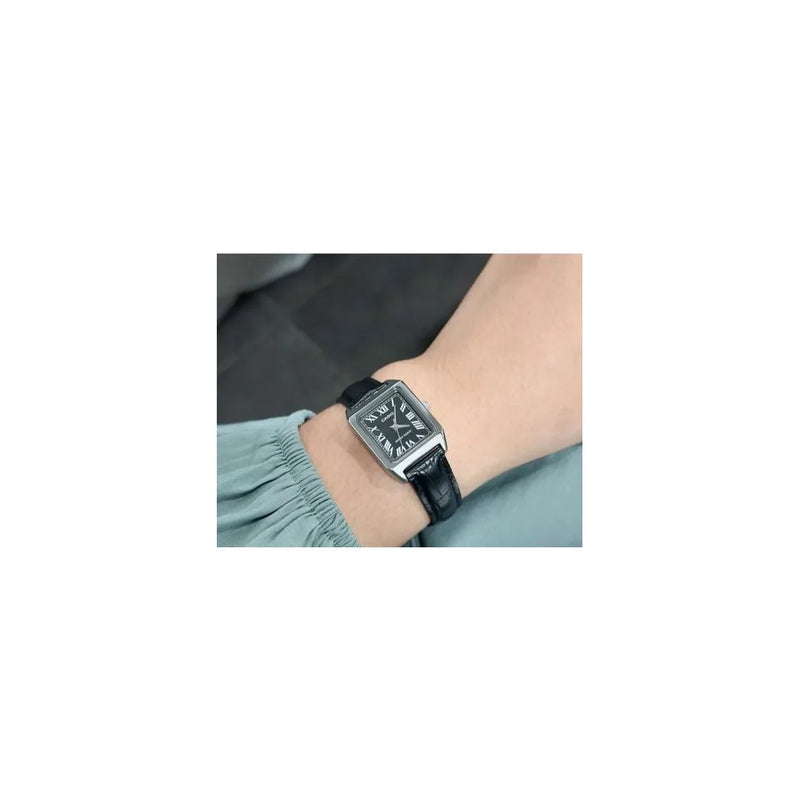 Casio Ladies Basic Water resistant Stainless Steel Rectangle Case Black Dial Black Leather Strap Watch