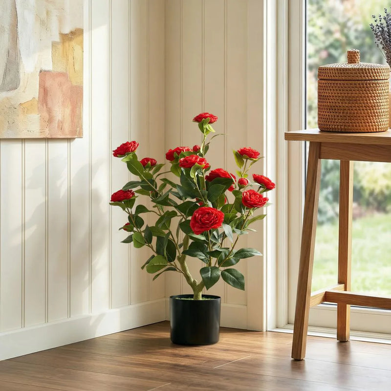 HOMCOM 65cm Artificial Camellia Flower Plant in Pot with 116 Lush Leaves & Moss Effect, Red