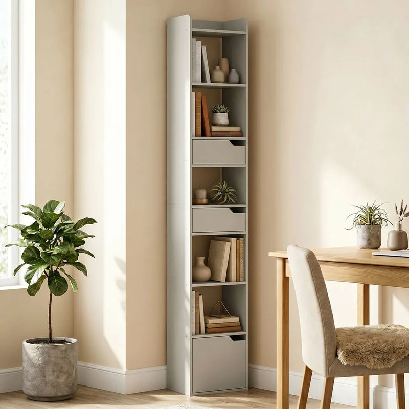 HOMCOM Bookcase Tall Narrow with 5 Tiers and Drawers Freestanding Bookshelf Storage Cabinet for Living Room Grey