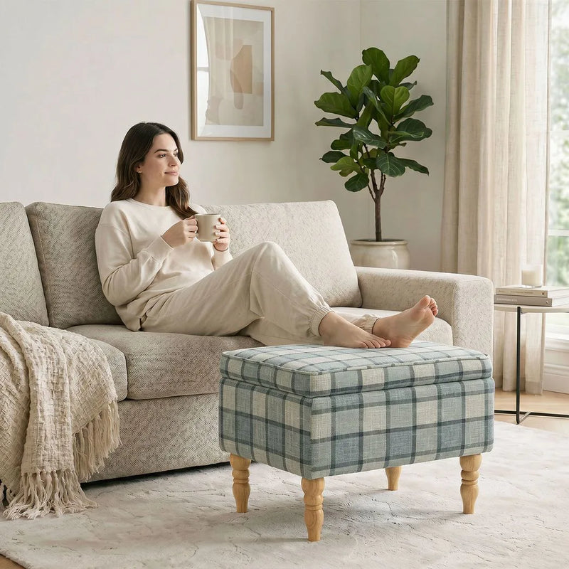 HOMCOM Linen Fabric Upholstered Footstool, Rectangular Storage Stool with Removable Top, Padded Seat and Hidden Space, Grey