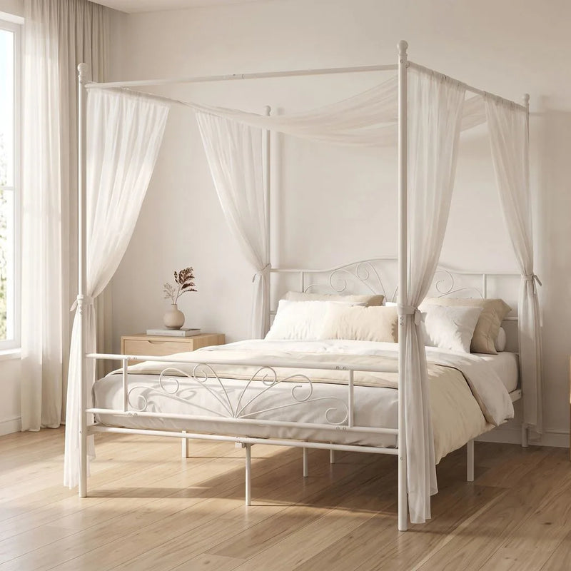HOMCOM Canopy Bed Frame Double Size, Metal Platform Bed Frame with Headboard and Footboard, Underbed Storage, White