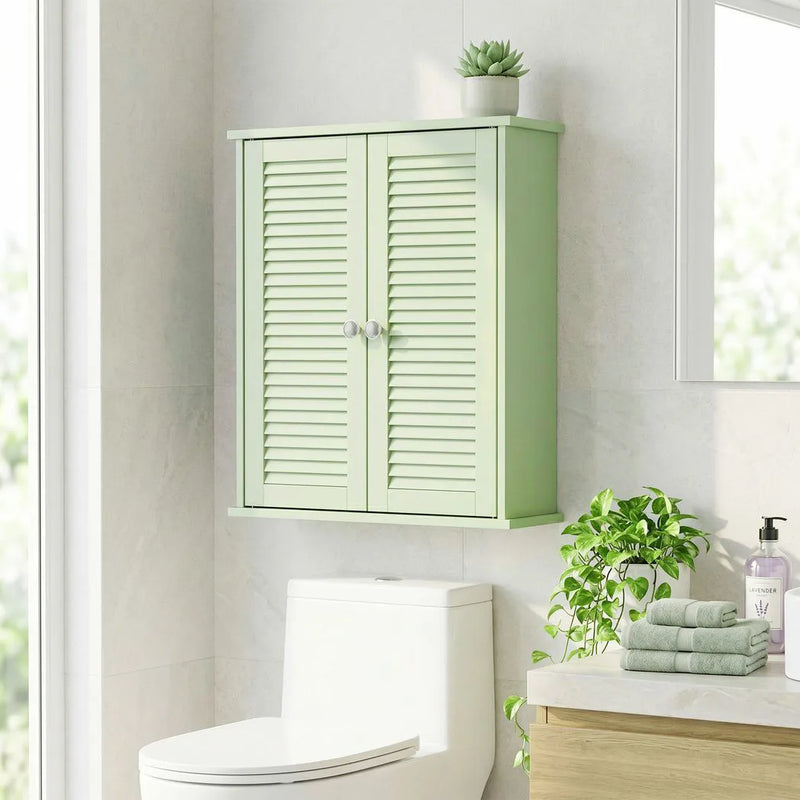 HOMCOM Bathroom Cabinet, Bathroom Wall Cabinet with Louvered Doors and Adjustable Shelf Storage for Kitchen, Light Green
