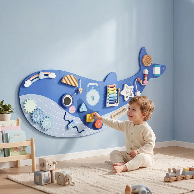 AIYAPLAY Whale Activity Wall Busy Board, 13 in 1 Montessori Inspired Sensory Wall Panel for Playroom Nursery Boys Girls 2, Blue