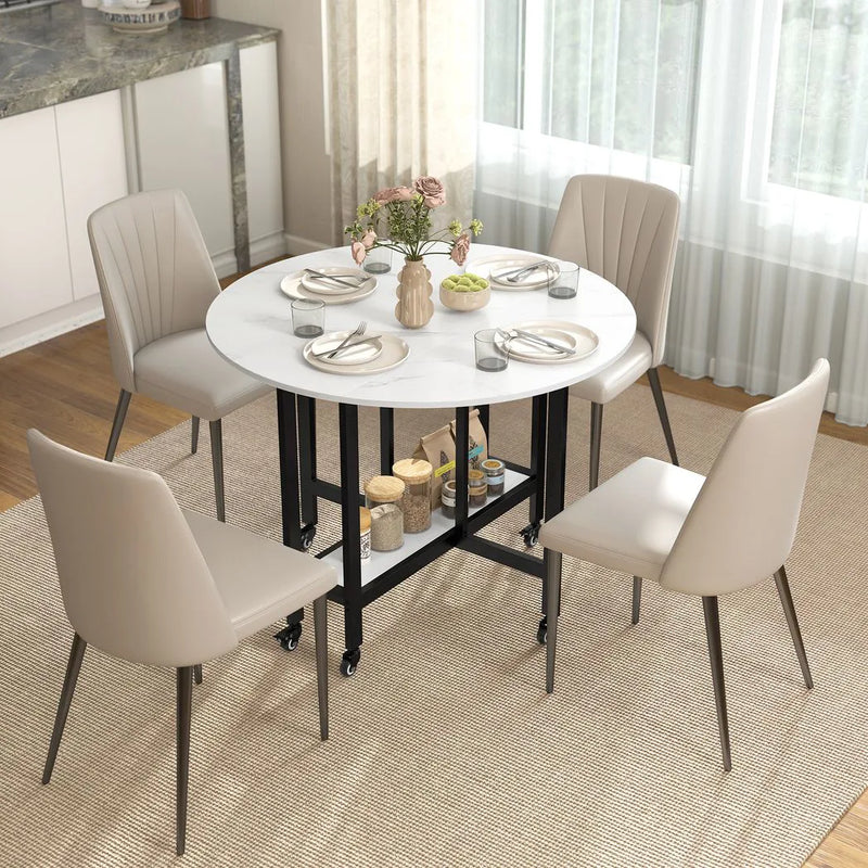 HOMCOM Folding Dining Table, Drop Leaf Table with Open Shelf, Rolling Kitchen Table for Dining Room, Small Spaces, White Marble