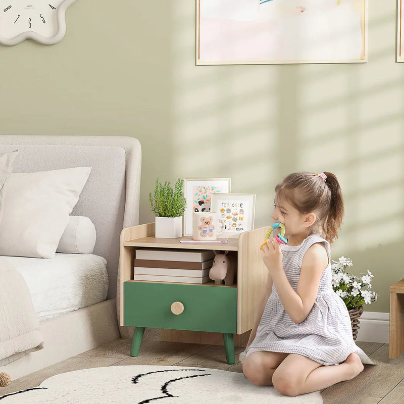 AIYAPLAY Kids Bedside Table with Drawer and Open Storage Shelf, Wooden Nightstand for Bedroom, Bedside Cabinet, Green