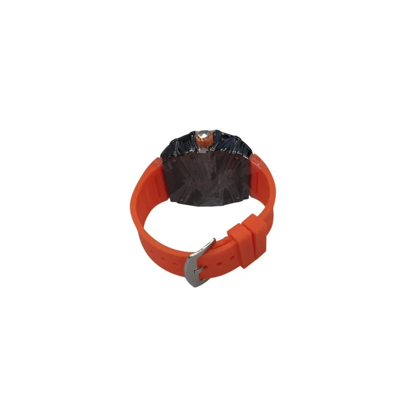 New Rubber Gents Black Screw Fashion Quartz Movement Dated Skeleton Clear Dial Orange Rubber Strap Watch