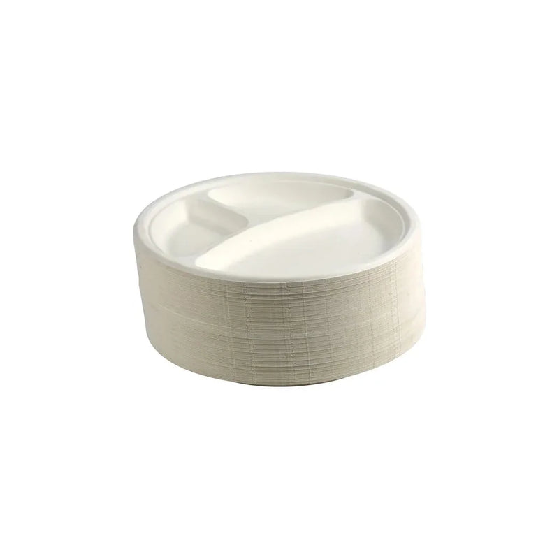 Disposable Compostable Eco – Bio Bagasse Sugarcane 3 Compartment Plates 10" Pack Of 100