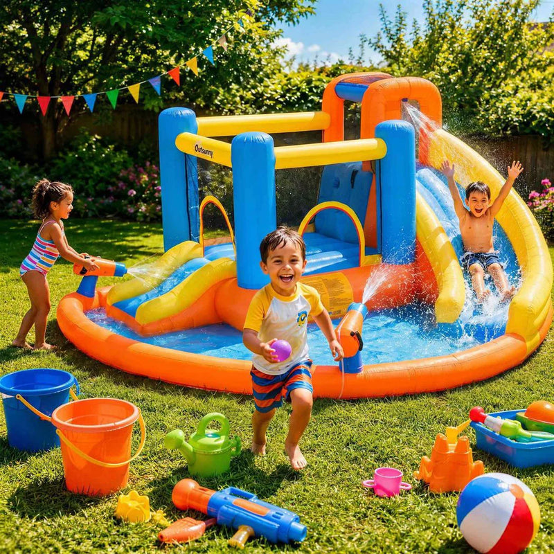 AIYAPLAY 5 in 1 Bouncy Castle for Children, Inflatable Bounce House with Dual Slides, Pool, Climbing Wall, Water Cannons, Blower