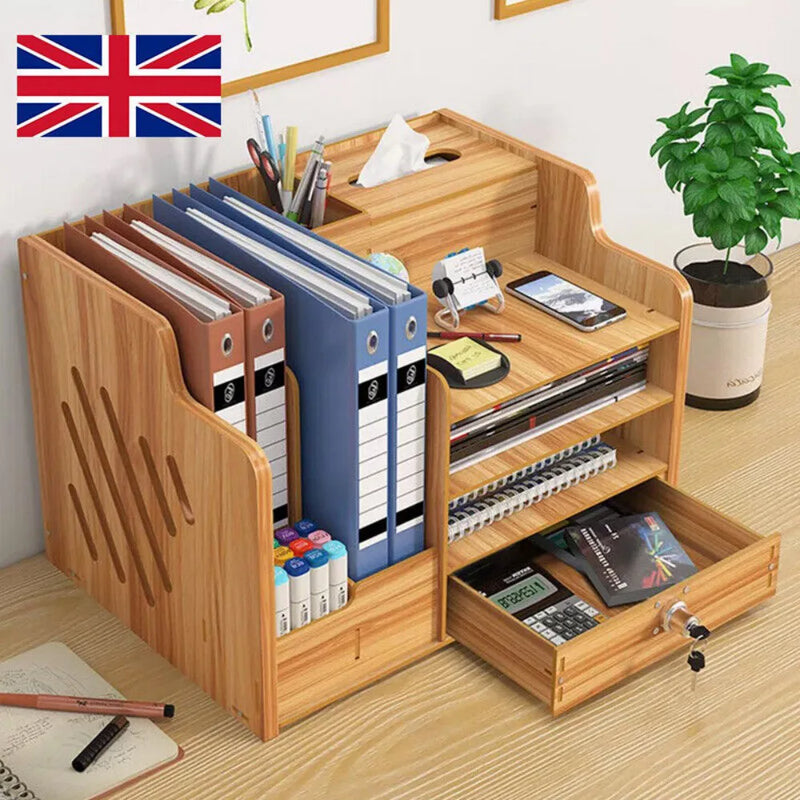 Wooden Office Desk Organizer Stationary Storage Home Tidy Storage Tabletop Stand