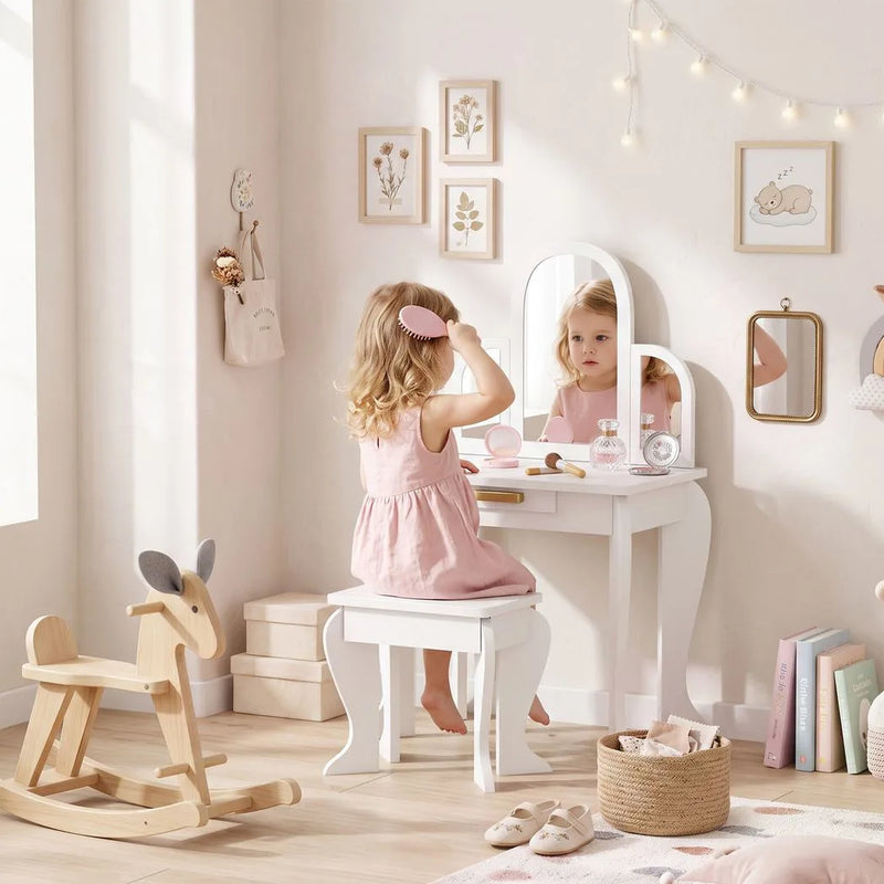 HOMCOM Kids Dressing Table Set, with Mirror and Drawer - White