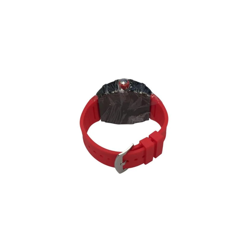 New Rubber Gents Black Screw Fashion Quartz Movement Dated Skeleton Clear Dial Red Rubber Strap Watch