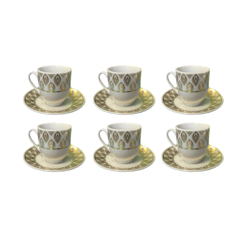 Coffee Tea Cup Set With Saucers Set Of 12 Gold White Assorted Designs (Parcel Plus Rate)