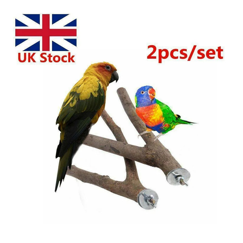 2Pcs/Set WoodParrot Bird Stand Tree Branch Hanging Toys Cage Perches Pet Budgie