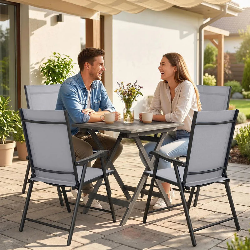 Outsunny Folding Garden Chairs Set of 4, Foldable Garden Dining Chairs with High Back, Armrests, Texteline Seat, Light Grey