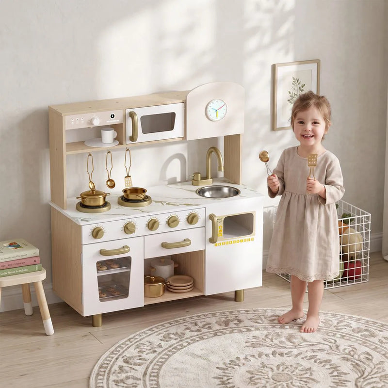 AIYAPLAY Play Kitchen, Kids Kitchen Playset with Rotating Coffee Machine, Storage Shelf, Stove, Gift for Kids 3-6 Years, White