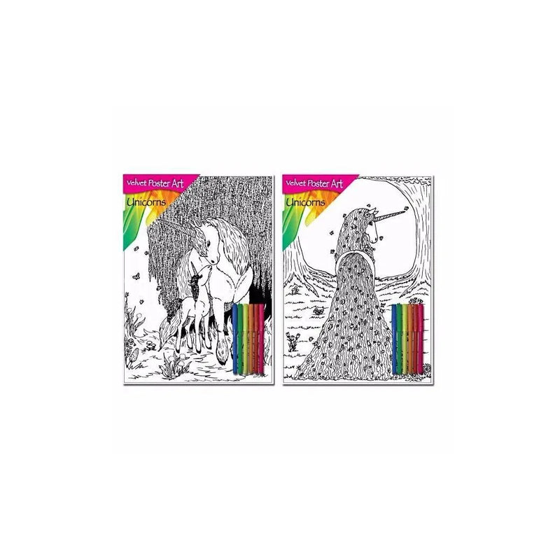 Velvet Poster Art Children'S' Fun Colouring With Pens Unicorns 1 2 Designs