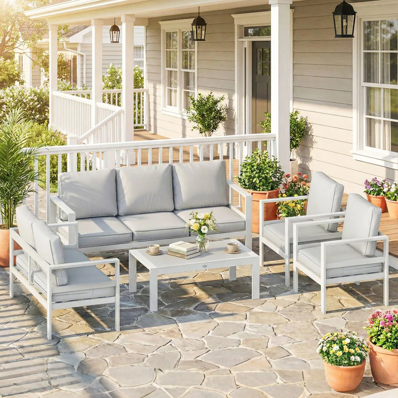 Outsunny 5 Pieces Aluminium Garden Furniture Set with Olefin Cushions, Extra Deep Outdoor Garden Sofa Set, White
