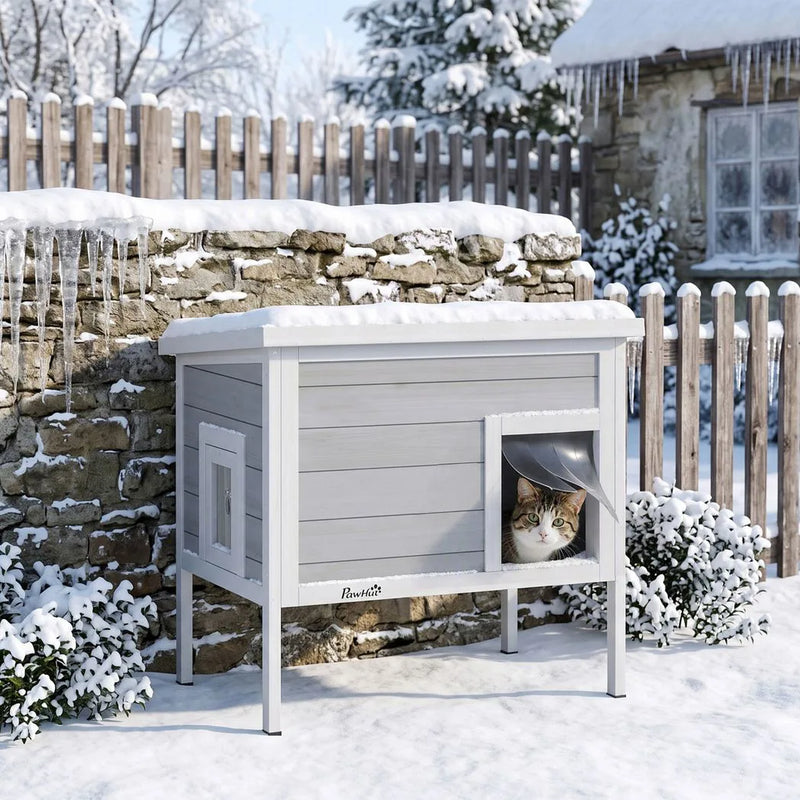 PawHut Outdoor Cat House, Insulated Cat Shelter with Insulated Liner, Waterproof Asphalt Roof, Escape Door, Opening Top