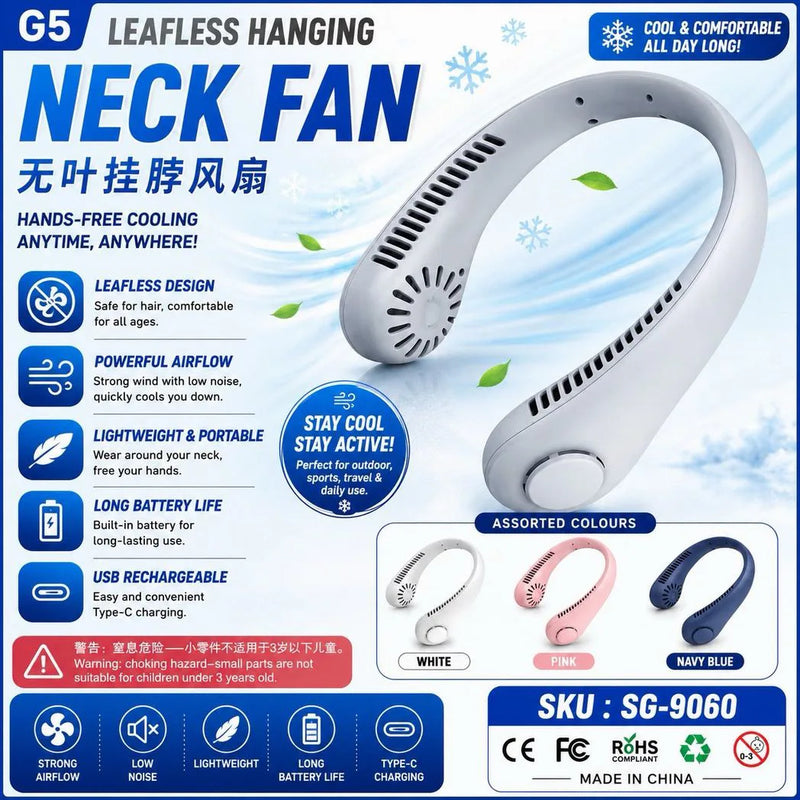 G5 Leafless Hanging Neck Fan, Hands – Free Wearable Usb Rechargeable – 16 × 20 ×, 220G