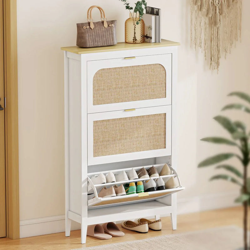 HOMCOM Narrow Shoe Cabinet, Boho Slim Shoe Storage Cabinet with 3 Flip Drawers, Holds 21 Pairs, White