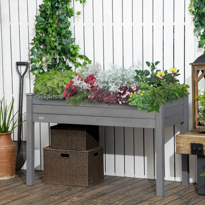 Outsunny Raised Bed for Garden, Wooden Elevated Planter Box with Bed Liner, for Flower Vegetable Herb, Dark Grey