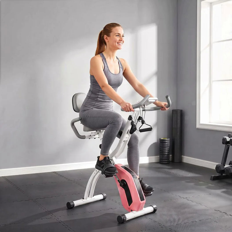 SPORTNOW 4-In-1 Folding Exercise Bike with Resistance Bands, Bluetooth App, 8-Level Magnetic Resistance, LCD Display, Pink