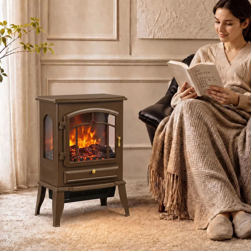 HOMCOM Electric Fireplace Stove, 1000/2000W 3-Sided Freestanding Fireplace Heater with 3D Flame Log, Thermostat, Brown