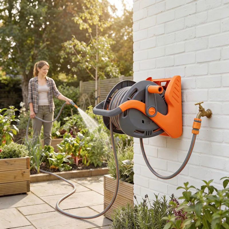 Outsunny Portable Garden Hose Reel, 20 m Wall Mounted Hose Reel with 2 Patterns Spray Nozzle and Crank Handle, Orange