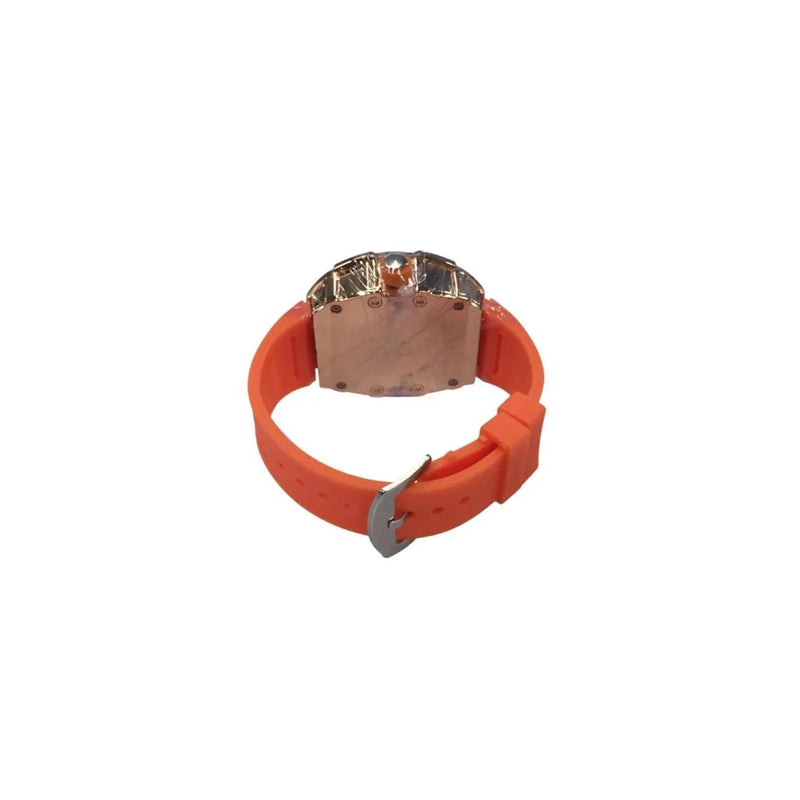New Rubber Gents Rose Bling Fashion Quartz Movement Skeleton Clear Dial Orange Rubber Strap Watch