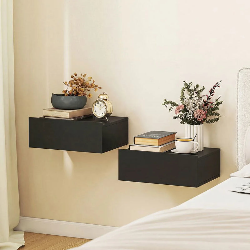 HOMCOM Floating Bedside Table Set of 2, Wall-Mounted Nightstand with Storage Drawer, Small Side End Table for Bedroom, Black