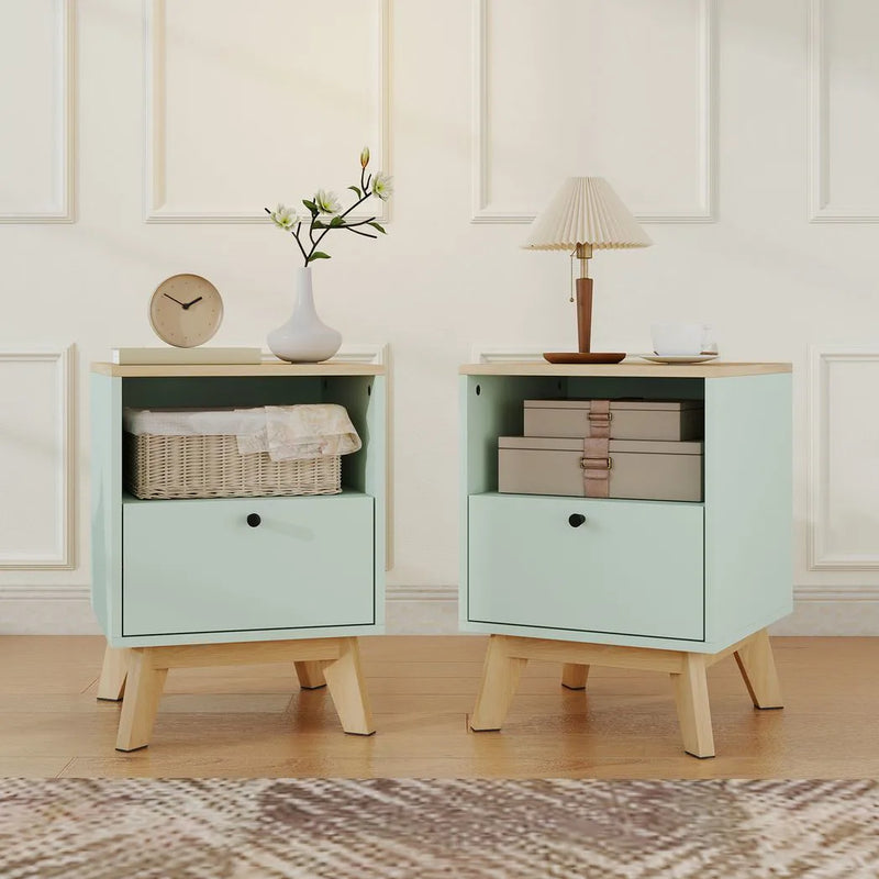 HOMCOM Modern Nightstand Set of 2, Bedside Table with Drawer and Open Shelf, Side End Table for Bedroom, Light Green