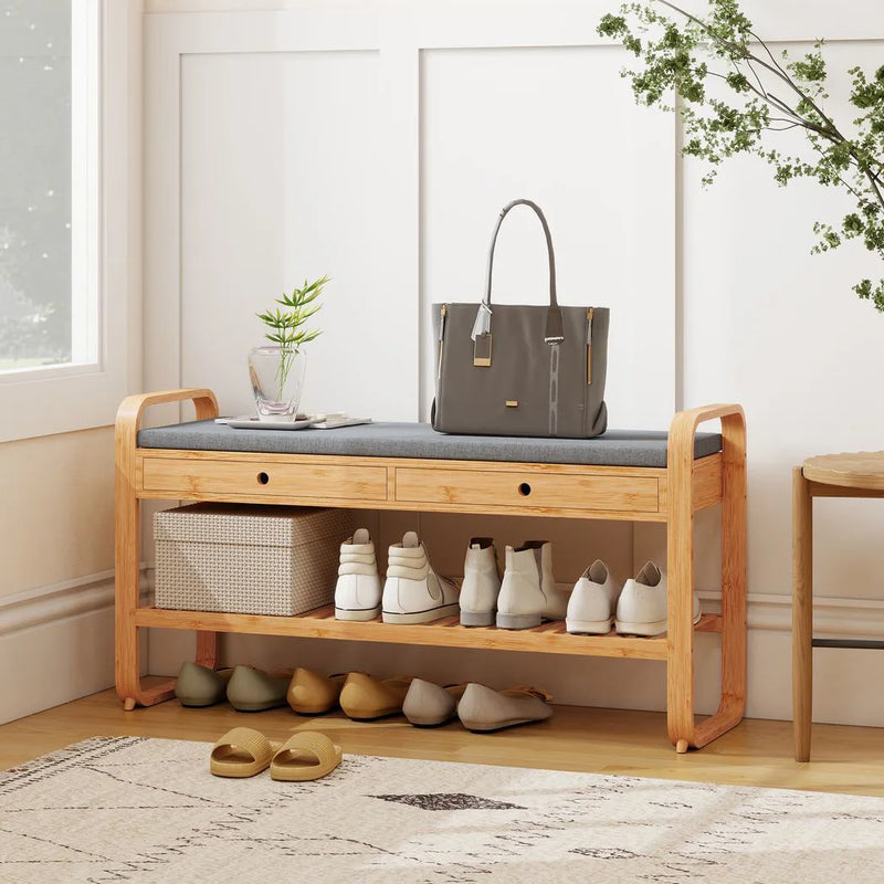 HOMCOM Shoe Bench with 2 Drawers Cushioned Seat Shoe Storage Bench for Hallway 105 cm Natural and Grey