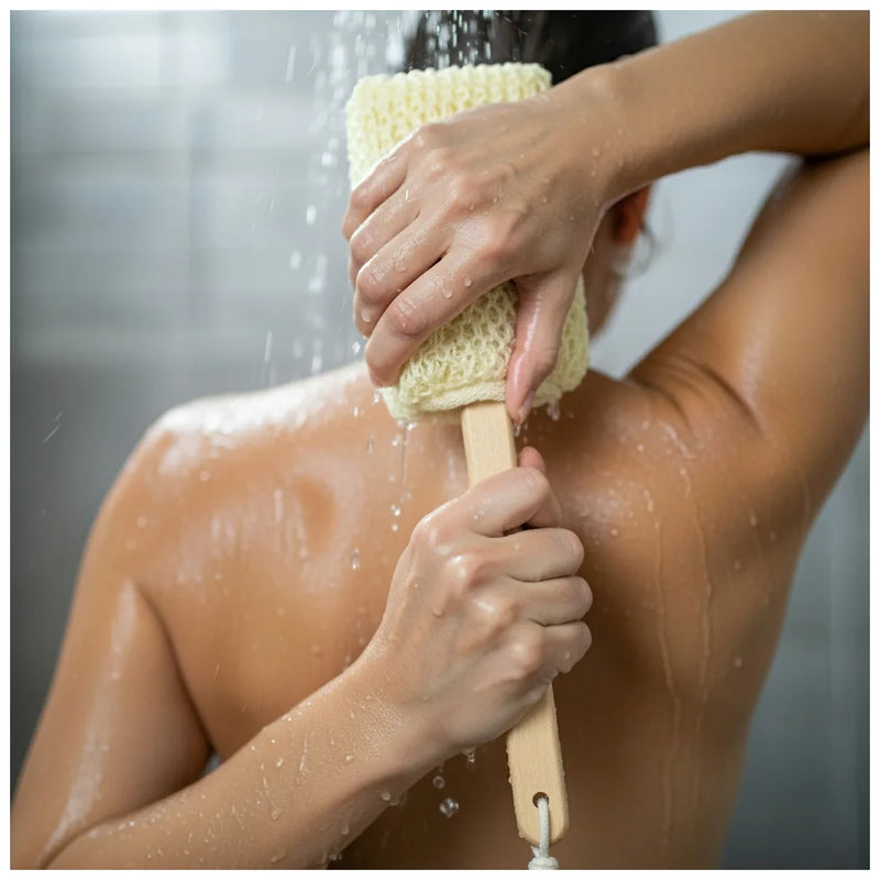 Bath Shower Scrubbing Sponge With Wooden Handle
