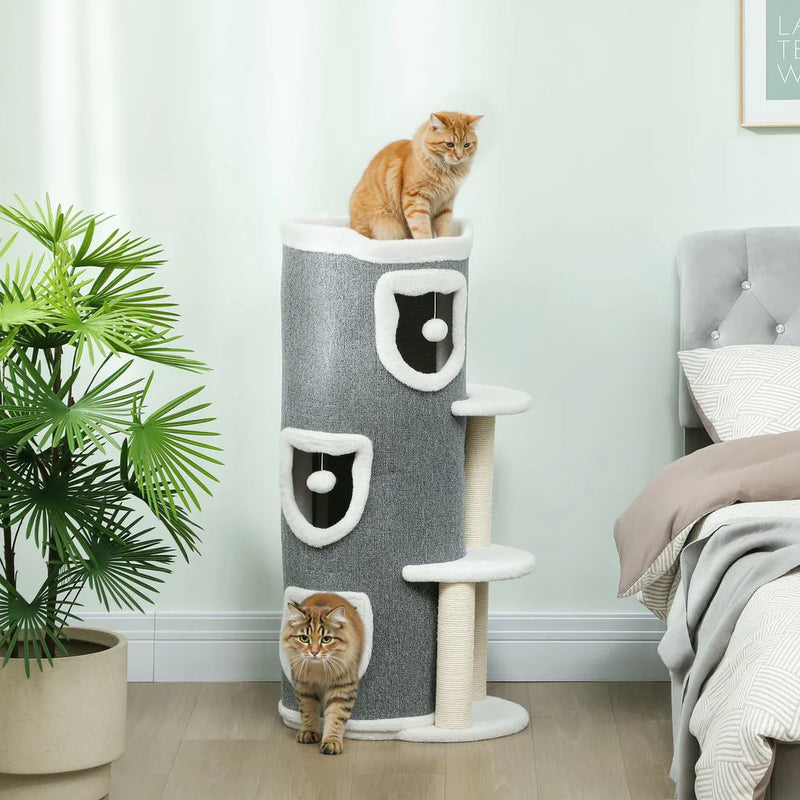 PawHut 101 cm Cat Tree with Sisal Scratching Posts, 3 Barrel Condos, 3 Platforms, for Indoor Cats to Rest and Play