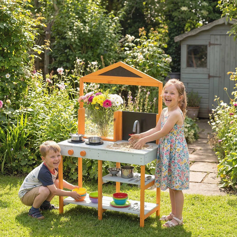 AIYAPLAY Mud Kitchen for Kids, Outdoor Wooden Play Kitchen with Sink, Stove, Cookware, Shelves, Pretend Play Toy for Ages 3-8
