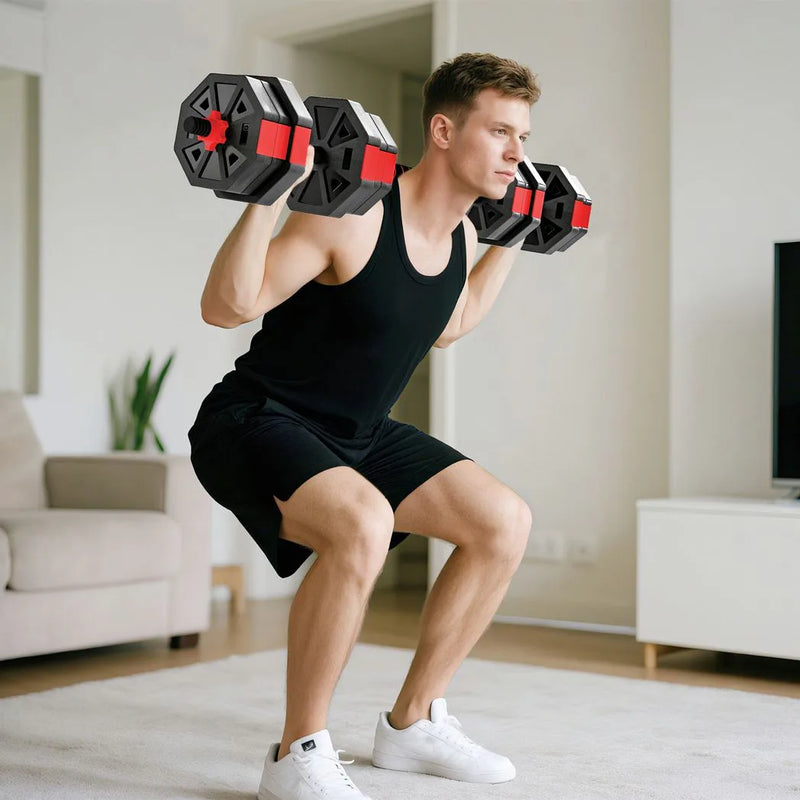 SPORTNOW 6-in-1 Adjustable Weight Dumbbells Set, Used as Kettlebell, Barbell, Dumbbell, Push-Up Stand, 20kg Free Weights Set for Men and Women Home Gym Training, Red