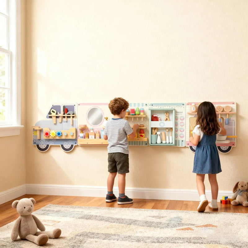 AIYAPLAY Wooden Busy Board, 5 in 1 Activity Wall Panels for Kids 3 Years, for Daycare, Playroom, Home