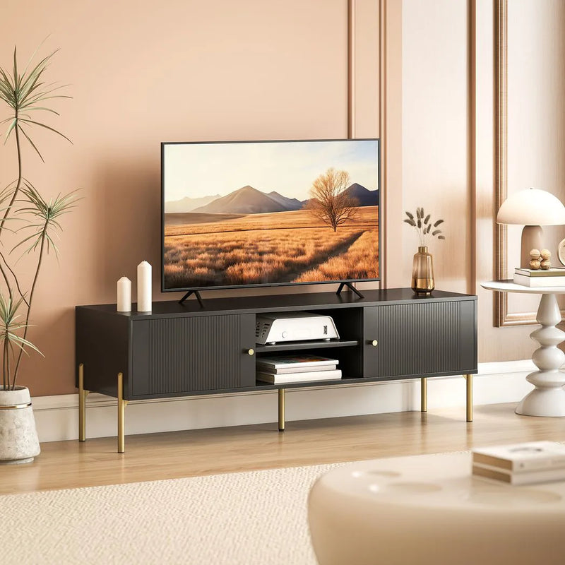 HOMCOM TV Stand for TVs up to 65", Entertainment Center with 2 Open Shelves, 2 Cabinets and Steel Legs for Living Room, Black