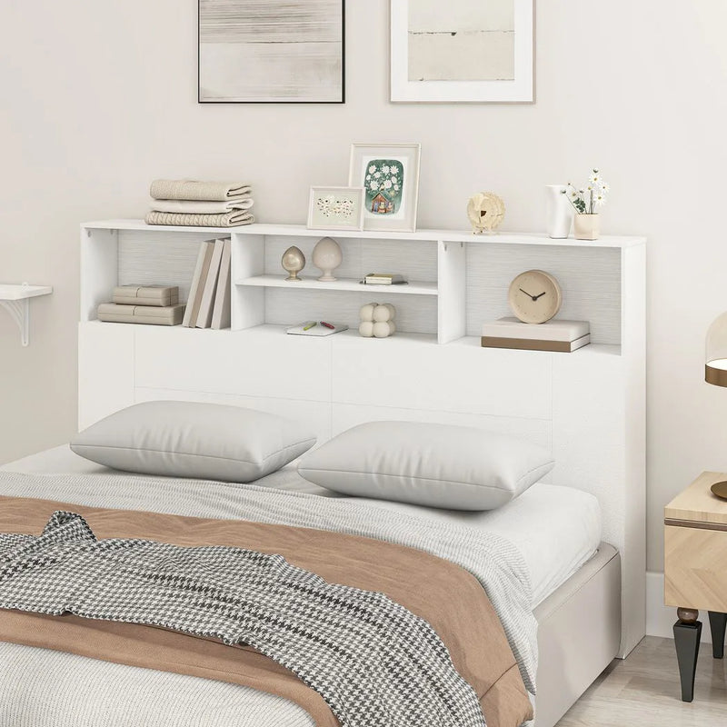 HOMCOM King-Size Headboard with Storage, Freestanding Bed Headboard with 4 Open Compartments for Bedroom, White