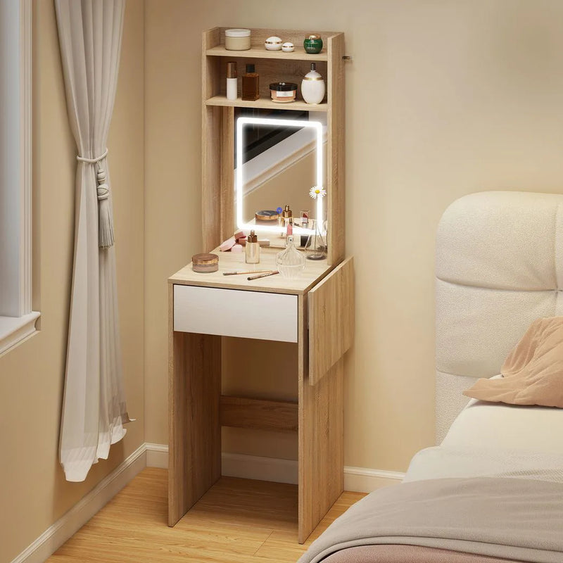 HOMCOM Small Vanity Desk with Mirror and LED Lights, Compact Dressing Table with Drop Leaf, Open Shelves, Natural Wood