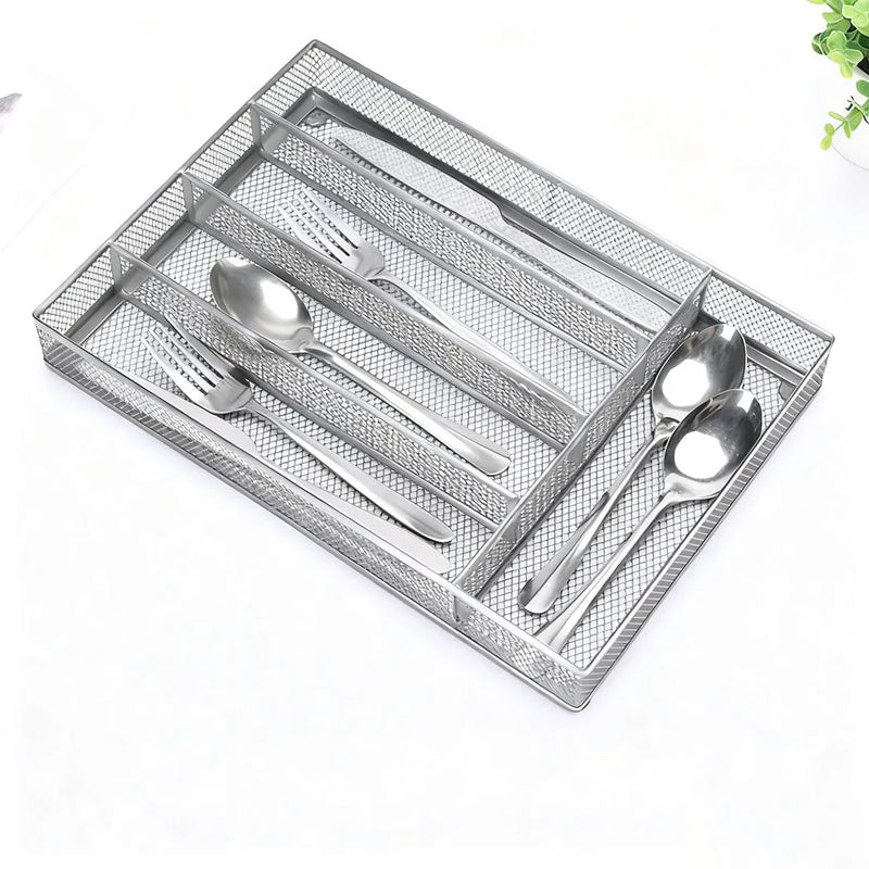 Kitchen Cutlery Drawer Organizer Carbon Steel Flatware Storage Divider with Anti Slip Foam Pads for Spoons Forks Stationery Silver