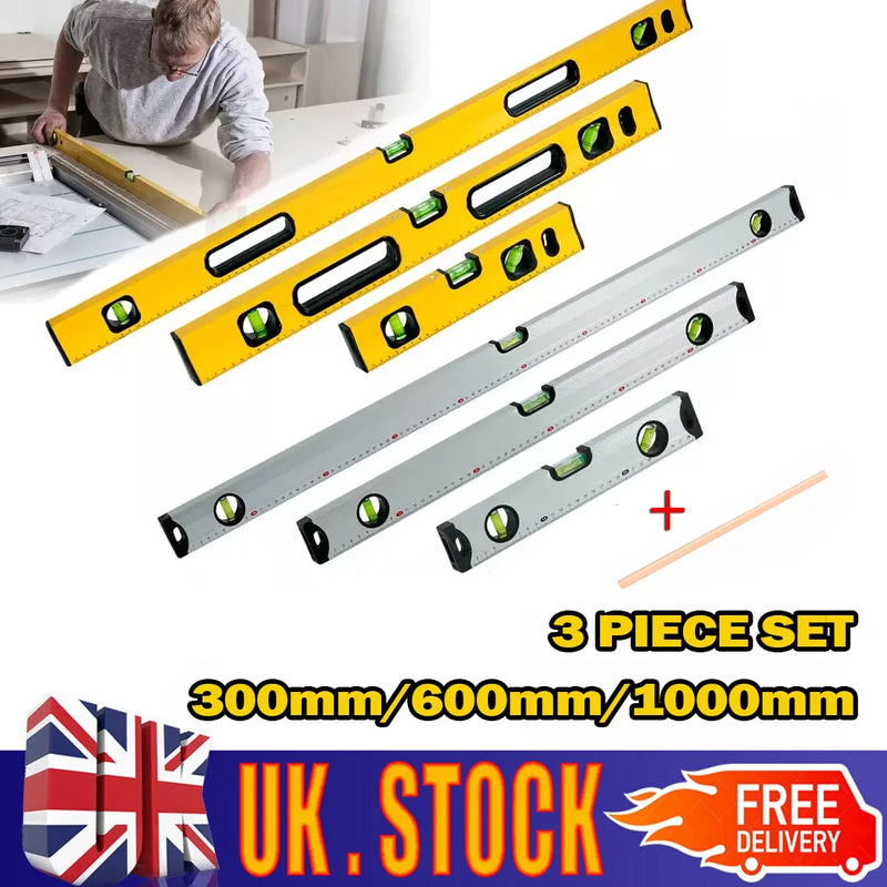 MAGNETIC 3 PIECE BUILDERS BUILDING SPIRIT LEVEL SET - 300, 600, 1000mm Yellow/Silver-Yellow + Pencil