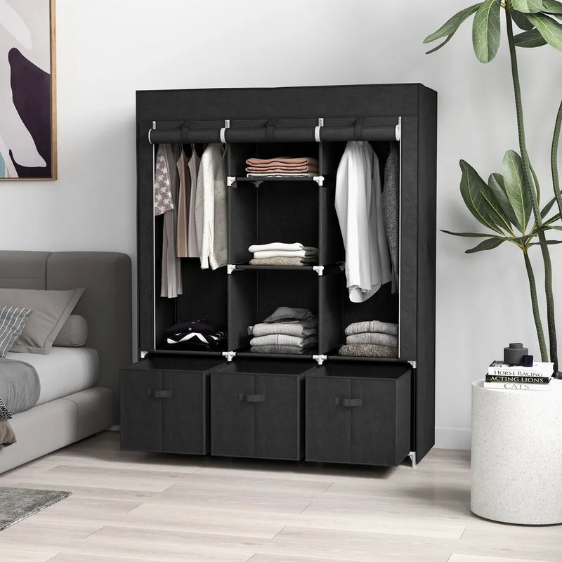 HOMCOM Foldable Fabric Wardrobe for Bedroom, Portable Wardrobe with 5 Shelves, 2 Hanging Rails and 3 Fabric Drawers, Black