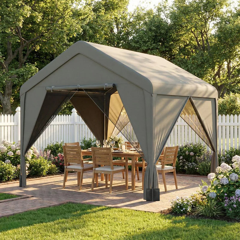 Outsunny 3 x 3 m Patio Gazebo with Netting & Curtains, Outdoor Canopy Shelter with Galvanised Steel Frame, Dark Grey